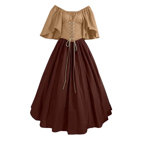Mittelalter Kleid Damen Renaissance Retro Partykleid Mittelalter Kostüme Damen Gothic Kleider Halloween Karneval Kostüm Schwarz Maxikleid Cosplay für Halloween Karneval (B-Brick Red, XXL) von DABASHAN