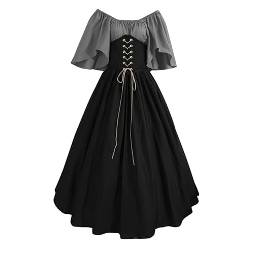 Mittelalter Kleid Damen Renaissance Retro Partykleid Mittelalter Kostüme Damen Gothic Kleider Halloween Karneval Kostüm Schwarz Maxikleid Cosplay für Halloween Karneval (B-Grey, XXXL) von DABASHAN