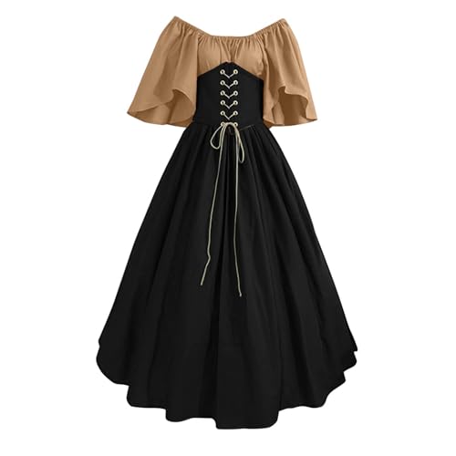 Mittelalter Kleid Damen Renaissance Retro Partykleid Mittelalter Kostüme Damen Gothic Kleider Halloween Karneval Kostüm Schwarz Maxikleid Cosplay für Halloween Karneval (B-Khaki, XXL) von DABASHAN