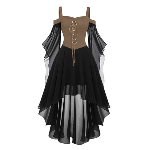 Halloween Mittelalter Kleid Damen mit Trompetenärmel,Traditionelles irisches Kleid für Damen Karneval Kostüm Cosplay Party Kostüm (3-Khaki, XXXL) von DACONGMING