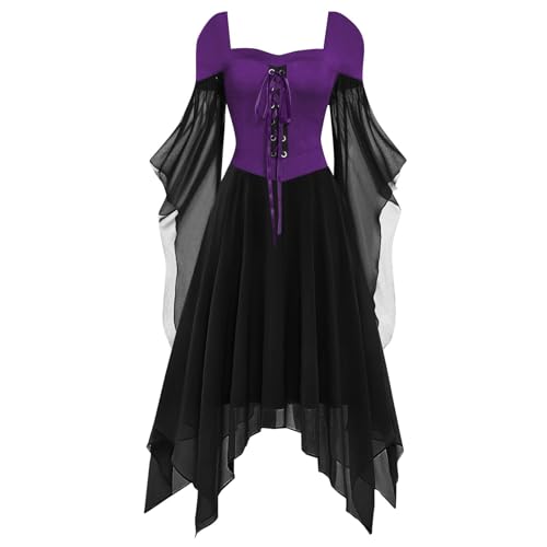 Halloween Mittelalter Kleid Damen mit Trompetenärmel,Traditionelles irisches Kleid für Damen Karneval Kostüm Cosplay Party Kostüm (6-Purple, XXXL) von DACONGMING