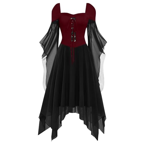 Halloween Mittelalter Kleid Damen mit Trompetenärmel,Traditionelles irisches Kleid für Damen Karneval Kostüm Cosplay Party Kostüm (6-Red, S) von DACONGMING