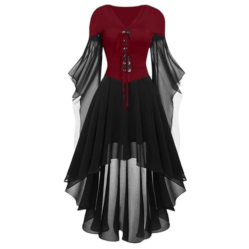 Halloween Mittelalter Kleid Damen mit Trompetenärmel,Traditionelles irisches Kleid für Damen Karneval Kostüm Cosplay Party Kostüm (7-Brick Red, S) von DACONGMING