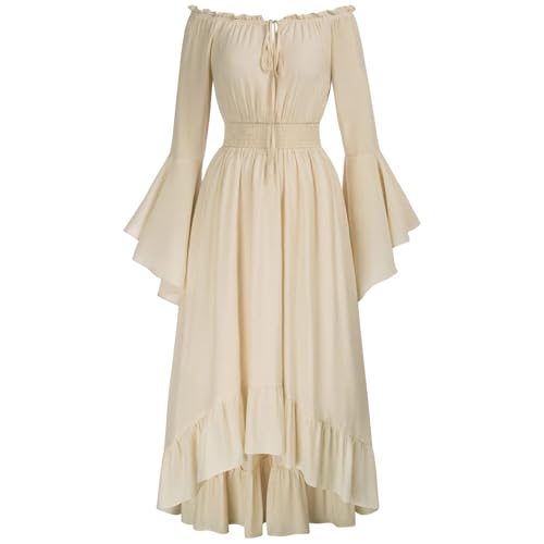Mittelalter Kleid Damen Halloween mit Trompetenärmel,Traditionelles irisches Kleid für Damen Karneval Kostüm Cosplay Party Kostüm (Beige-e, L) von DACONGMING
