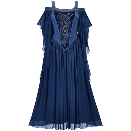 Mittelalter Kleid Damen Halloween mit Trompetenärmel,Traditionelles irisches Kleid für Damen Karneval Kostüm Cosplay Party Kostüm (Blue-c, L) von DACONGMING