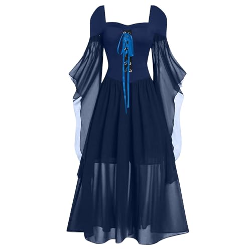 Mittelalter Kleid Damen Halloween mit Trompetenärmel,Traditionelles irisches Kleid für Damen Karneval Kostüm Cosplay Party Kostüm (Blue-d, L) von DACONGMING