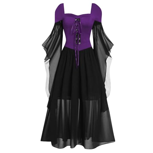 Mittelalter Kleid Damen Halloween mit Trompetenärmel,Traditionelles irisches Kleid für Damen Karneval Kostüm Cosplay Party Kostüm (Purple-d, XXL) von DACONGMING
