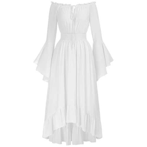 Mittelalter Kleid Damen Halloween mit Trompetenärmel,Traditionelles irisches Kleid für Damen Karneval Kostüm Cosplay Party Kostüm (White-e, M) von DACONGMING
