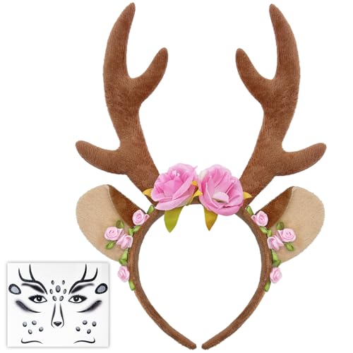 DADAPANGHU Karneval Kostüm Damen Mädchen, Reh Haarreifen Damen, Reh Geweih Haarreif mit Blumen + Glitzer Reh Gesichtstattoo Karneval, Reh Ohren Haarreif Rentier Haarreif Fasching Mottoparty Cosplay DADAPANGHU Karneval Kostüm Damen Mädchen, Reh Haarreifen Damen, Reh Geweih Haarreif mit Blumen + Glitzer Reh Gesichtstattoo Karneval, Reh Ohren Haarreif Rentier Haarreif Fasching Mottoparty Cosplay von DADAPANGHU