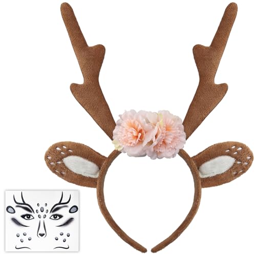 DADAPANGHU Karneval Kostüm Damen Mädchen, Reh Haarreifen Damen, Reh Geweih Haarreif mit Blumen + Glitzer Reh Gesichtstattoo Karneval, Reh Ohren Haarreif Rentier Haarreif Fasching Mottoparty Cosplay DADAPANGHU Karneval Kostüm Damen Mädchen, Reh Haarreifen Damen, Reh Geweih Haarreif mit Blumen + Glitzer Reh Gesichtstattoo Karneval, Reh Ohren Haarreif Rentier Haarreif Fasching Mottoparty Cosplay von DADAPANGHU