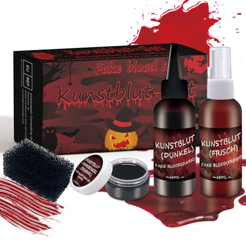 DADAPANGHU Kunstblut Halloween Schminke Set 4-Teilig: Spray, Tropfendes Blut, Geronnenes Blutplasma, Stipple Schwamm - Fake Blood Make Up von DADAPANGHU