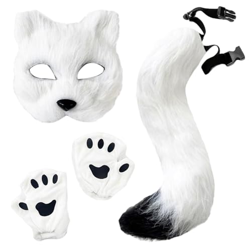 3-teiliges Therian-Masken- und Schwanz-Set, pelziges Fuchskostüm, inklusive flauschiger Maske, Pfotenhandschuhen und Schwanz, Therian-Zeug, Halloween-Kostüme für Kostümpartys, Cosplay, pelziges F von DAGLLGEW