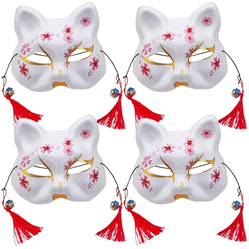 4-teilige Katzenmaske, Cosplay, Kawaii, Exquisite Kirschblütenmuster, Halbmaske mit Glöckchen und Quasten für Halloween, Maskerade, Festival, Party, japanische Maske, Cosplay-Maske, Kawaii- von DAGLLGEW