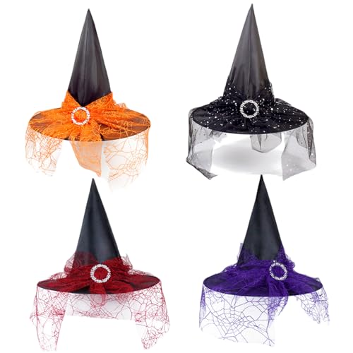 4-teiliger Hexenhut für Kinder, Spitze, Mädchen, Halloween-Zaubererhut mit glänzender kleiner runder Schnalle zur Dekoration, Hexenkostüm für Halloween, Cosplay, Party, Hexenhut, Zaubererhu von DAGLLGEW