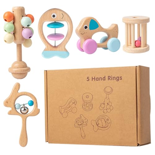 5-teiliges Set aus Holz-Babyrassel, 5 lustige Stile, Babyrassel, frühpädagogische natürliche Holzrassel, leicht zu reinigendes Holz-Babyspielzeug für Säuglinge und Neugeborene, Geschenk, Rasselspielz von DAGLLGEW