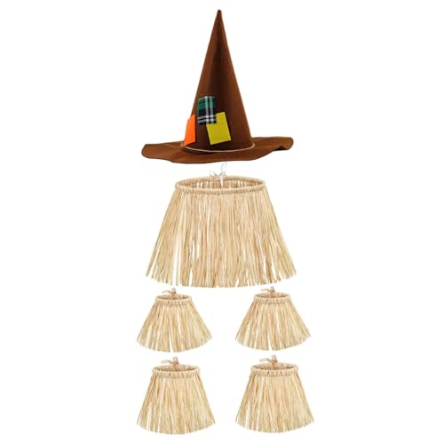 DAGLLGEW 5-teiliges Vogelscheuchenkostüm mit Zaubererhut, Hawaii-Grasrock aus Lafite-Papier für Partyzubehör, Halloween-Dekoration, Hawaii-Grasrock, Vogelscheuchenmaske, Vogelscheuche von DAGLLGEW