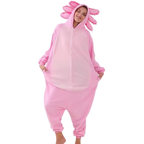 DAGLLGEW Axolotl-Kostüm für Erwachsene, weicher Fleece-Kapuzen-Cosplay-Tier-Onesie, Halloween-Pyjama für Männer und Frauen, extragroß, Halloween-Kostüme, Tierkostüm, Axolotl-Pyjama, Mädche von DAGLLGEW