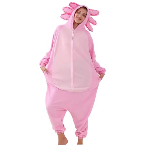 DAGLLGEW Axolotl-Kostüm für Erwachsene, weicher Fleece-Kapuzen-Cosplay-Tier-Onesie, Halloween-Pyjama für Männer und Frauen, große Halloween-Kostüme, Tierkostüm, Axolotl-Pyjama, Mädchen von DAGLLGEW