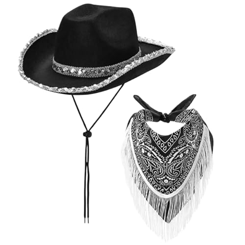 DAGLLGEW Cowgirl Hut mit Fransen Bandana Weitkanne Gebogene Kanten Pailletten Schwarze Cowgirl Hut mit Kinngurt Einer Größe Western Cowboy Hut für Halloween Kostüme Cosplay DAGLLGEW Cowgirl Hut mit Fransen Bandana Weitkanne Gebogene Kanten Pailletten Schwarze Cowgirl Hut mit Kinngurt Einer Größe Western Cowboy Hut für Halloween Kostüme Cosplay von DAGLLGEW