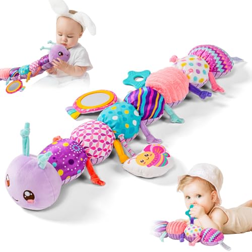 DAGLLGEW Raupe Babyspielzeug 20, 9 Zoll Musikalisch, Raupe Spielzeug mit Spiegel, Knisterrassel, Zugschnur, Weiches Kuscheltier für Kleinkinder, Größenmessung, Tummy Time Babyspielzeug von DAGLLGEW