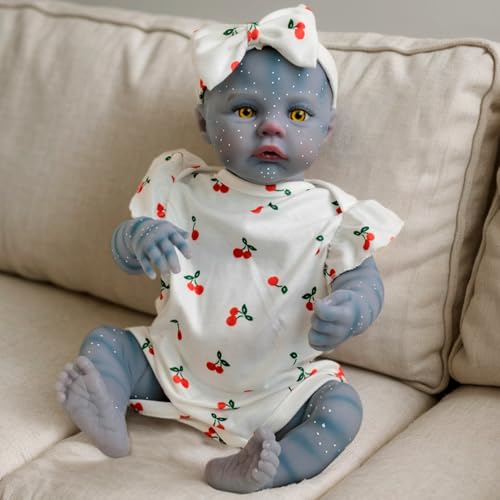 DAGLLGEW Realistische Babypuppe, 18 Zoll, Ganzkörper-Babypuppe für Mädchen, trägt Kleidung mit Kirschmuster, Blaue Haut, lebensechtes Silikon, Kinderspielzeug, weiche, Ganzkörper-Silikon-Babypup von DAGLLGEW