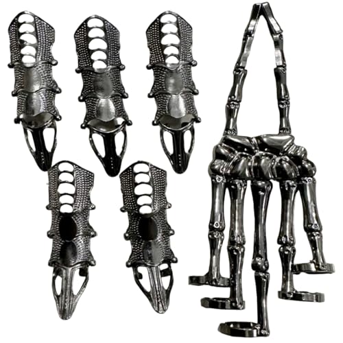 Skeletthandarmband mit 5 Vollfingerringen, Punk-Gothic-Schmuck mit beweglichem Gelenk, plattierte Legierung, Halloween-Schmuck für Cosplay, Party, Kostüm, Klauenringe, Skelettarmband, Vollfingerringe von DAGLLGEW