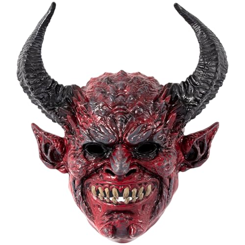 Teufelsmaske, gruselige, realistische Dämonenmaske mit Ochsenhorn für Halloween, Maskerade, Cosplay-Requisiten, 13, 4 x 14, 6 Zoll Dämonenmaske von DAGLLGEW