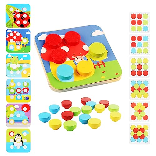 Mosaik Steckspiel Montessori Spielzeug Mosaik Steckspiel für Kinder mit Holzpflockbretter 16 Bunten Bausteine und 12 Karten Holzspielzeug Geschenk für Kinder Baby Color Zuordnungsspiel von DAGORD