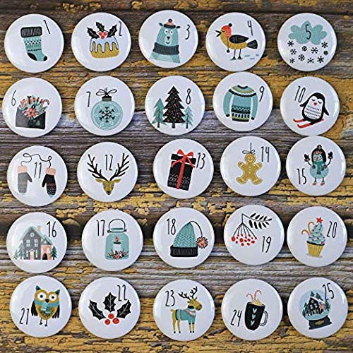 DAHI Adventskalender Zahlen Buttons Nummer 1-25 zum Weihnachtskalender selber basteln für Jutesäckchen, Anstecker Nadeln (25weiss) von DAHI