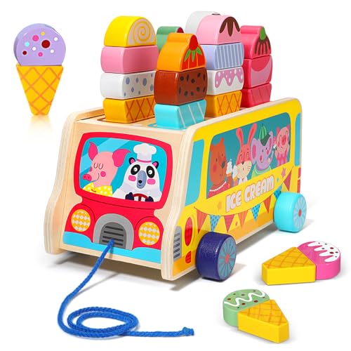 DAJASD Eiswagen aus Holz, 27PCS EIS Spielzeug für Kinder, Eisdiele Kinder Holz mit Beweglichen Rädern & Magnetischer Eiscreme, Kaufmannsladen Zubehör Montessori Spielzeug für Kinder 3 4 5 6+ Jahre von DAJASD