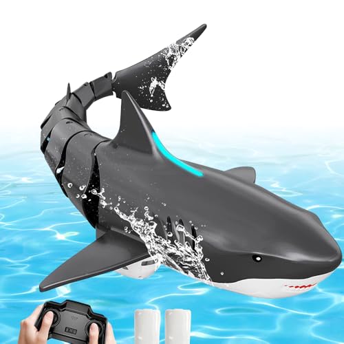 DAJASD Ferngesteuerter Hai, 2.4GHz Ferngesteuertes Boot, RC Boot Simulation Hai mit Licht und Zwei Batterien, RC Haiboot, Pool Spielzeug Geschenk für 5+ Jahre Jungen Mädchen von DAJASD