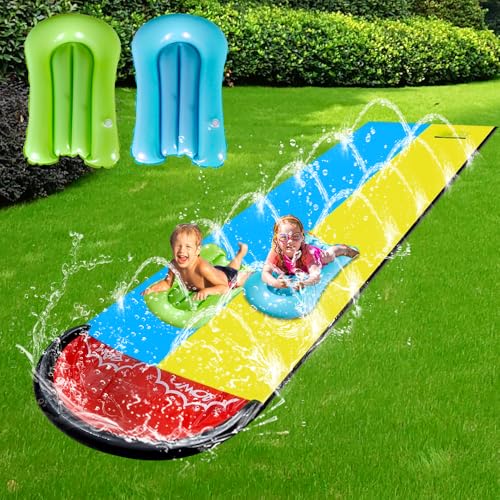 DAJASD Wasserrutsche Garten für Kinder, 6.1*1.4M Aufblasbare Wasserrutsche mit 2 Bodyboards, Doppelte Wasserrutsche mit Eingebautem Sprinkler, Wasserspielzeug für Kinder Erwachsene Outdoor - Blau+Gelb von DAJASD
