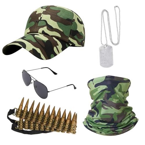 DAJILI 5-teiliges Armee-Zubehör-Set, inklusive Hut, Kugelgürtel, Flieger-Sonnenbrille, Erkennungsmarken-Halskette und Camouflage-Kragen, Soldatenkostüm für Junggesellenabschied-Outfit oder DAJILI 5-teiliges Armee-Zubehör-Set, inklusive Hut, Kugelgürtel, Flieger-Sonnenbrille, Erkennungsmarken-Halskette und Camouflage-Kragen, Soldatenkostüm für Junggesellenabschied-Outfit oder von DAJILI
