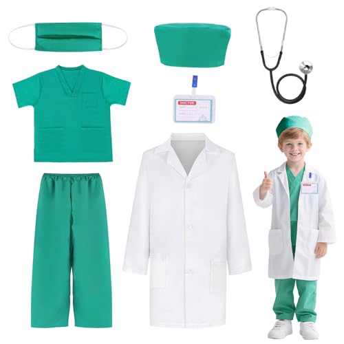 DAJILI Arztkostüm für Kinder, 7-teilig, Arzt, Krankenschwester, Verkleiden mit Laborkittel, Stethoskop, Peeling-Kostüm, Maske, Mütze, Namensschild, Arzt-Peelings für Kinder, Jungen, Mädchen, Halloween DAJILI Arztkostüm für Kinder, 7-teilig, Arzt, Krankenschwester, Verkleiden mit Laborkittel, Stethoskop, Peeling-Kostüm, Maske, Mütze, Namensschild, Arzt-Peelings für Kinder, Jungen, Mädchen, Halloween von DAJILI