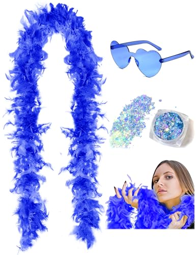DAJOOEE 45g 2 Yard Federboa mit Glitzer und Herz-Sonnenbrille für Frauen und Teenager-Mädchen Junggesellinnenabschied Party Halloween Kostüm (Blau) von DAJOOEE