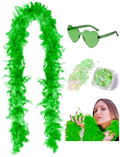 DAJOOEE 45g 2 Yard Federboa mit Glitzer und Herz-Sonnenbrille für Frauen und Teenager-Mädchen Junggesellinnenabschied Party Halloween Kostüm (Grün) von DAJOOEE