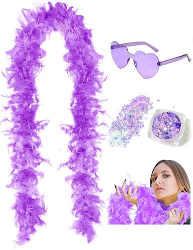 DAJOOEE 45g 2 Yard Federboa mit Glitzer und Herz-Sonnenbrille für Frauen und Teenager-Mädchen Junggesellinnenabschied Party Halloween Kostüm (Lila) von DAJOOEE