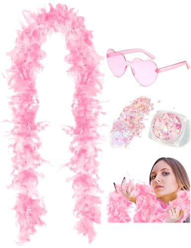 DAJOOEE 45g 2 Yard Federboa mit Glitzer und Herz-Sonnenbrille für Frauen und Teenager-Mädchen Junggesellinnenabschied Party Halloween Kostüm (Rosa) von DAJOOEE