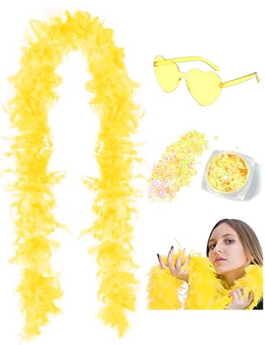 45g 2 Yard Federboa mit Glitzer und Herz-Sonnenbrille für Frauen und Teenager-Mädchen Junggesellinnenabschied Party Halloween Kostüm (Gelb) von DAJOOEE