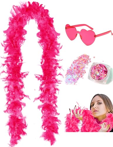 DAJOOEE 45g 2 Yard Federboa mit Glitzer und Herz-Sonnenbrille für Frauen und Teenager-Mädchen Junggesellinnenabschied Party Halloween Kostüm (Pink) von DAJOOEE
