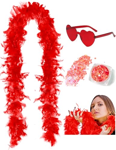 DAJOOEE 45g 2 Yard Federboa mit Glitzer und Herz-Sonnenbrille für Frauen und Teenager-Mädchen Junggesellinnenabschied Party Halloween Kostüm (Rot) von DAJOOEE