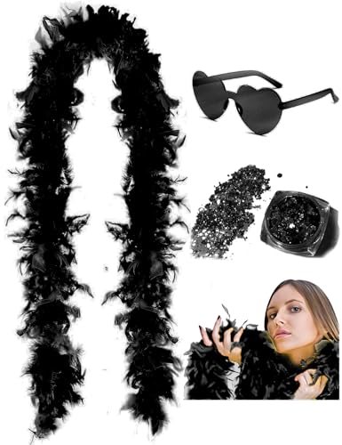 DAJOOEE 45g 2 Yard Federboa mit Glitzer und Herz-Sonnenbrille für Frauen und Teenager-Mädchen Junggesellinnenabschied Party Halloween Kostüm (Schwarz) von DAJOOEE