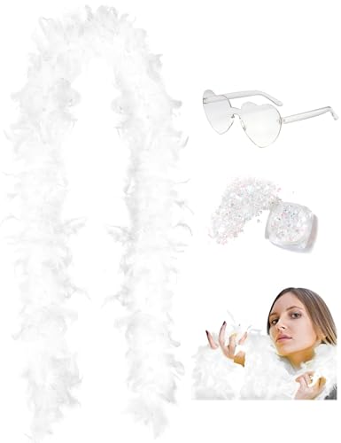 DAJOOEE 45g 2 Yard Federboa mit Glitzer und Herz-Sonnenbrille für Frauen und Teenager-Mädchen Junggesellinnenabschied Party Halloween Kostüm (Weiß) von DAJOOEE