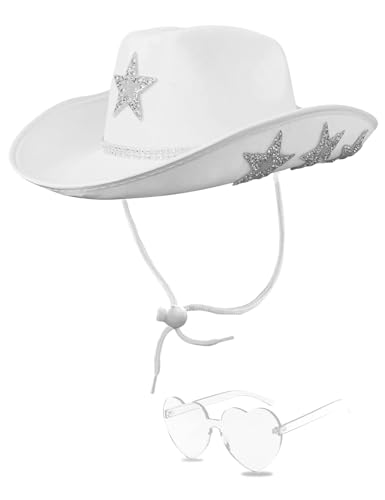 DAJOOEE Weißer Cowgirl-Hut mit Glitzerstern, Cowboyhut mit Herz-Sonnenbrille, passend für Frauen für Junggesellinnenabschiede, Weiß/Stern, Einheitsgröße DAJOOEE Weißer Cowgirl-Hut mit Glitzerstern, Cowboyhut mit Herz-Sonnenbrille, passend für Frauen für Junggesellinnenabschiede, Weiß/Stern, Einheitsgröße von DAJOOEE