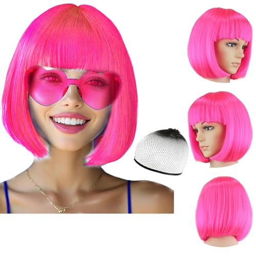 Party-Perückenkappe und Sonnenbrillen-Set, kurze Bob-Haar-Perücke, Cosplay, tägliche Party, Neonperücke für Frauen, herzförmige Sonnenbrille für Neon-Partys, Halloween,Cosplay-Perücke Party-Perückenkappe und Sonnenbrillen-Set, kurze Bob-Haar-Perücke, Cosplay, tägliche Party, Neonperücke für Frauen, herzförmige Sonnenbrille für Neon-Partys, Halloween,Cosplay-Perücke von DAJOOEE