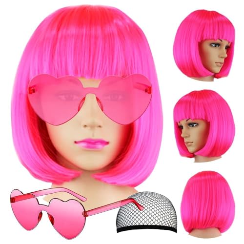 Party Perücke und Sonnenbrille Perücke Damen Kurz bob die haarmaske Cosplay Chef-Party mit Frauen und die herzförmige Sonnenbrille sind die Tops der neon-Party, Halloween Party Perücke und Sonnenbrille Perücke Damen Kurz bob die haarmaske Cosplay Chef-Party mit Frauen und die herzförmige Sonnenbrille sind die Tops der neon-Party, Halloween von DAJOOEE