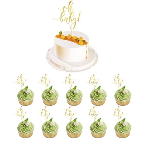 11 Stück Oh Baby Cake Topper Holz, Doppel-Seitiger Glitzer Acryl Kuchen Topper für Geburtstage, Partys, Hochzeiten, Valentinstag, Deko (Gold) von DALAETUS
