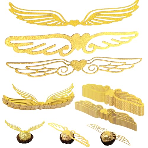 150 Stück Gold Glitter Flügel Schokoladen Dekoration, Cupcake Topper für Pralinen, Kuchen, Törtchen, Geburtstags Deko für Wizard Theme Party, Jahrestag, Geburtstag Party, Hochzeit (3 Style) von DALAETUS