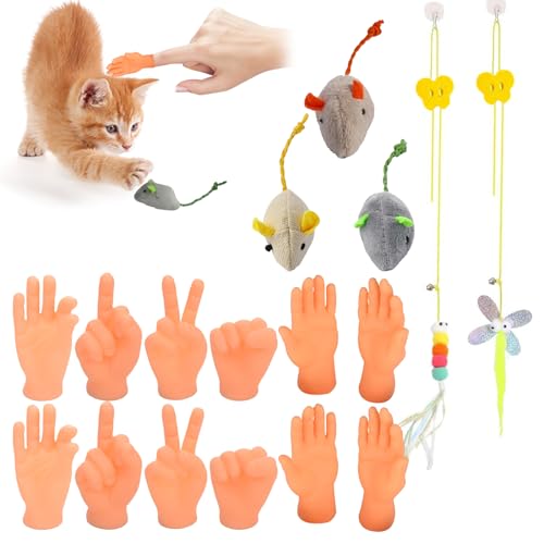 17 Stück Fingerpuppen Set, 12 Kleine Hände Fingerpuppen mit 2 Katzenköder und 3 Katzenbeißspielzeug, Minihände für Geburtstagsfeiern Zaubertricks Haustiere Spiele von DALAETUS