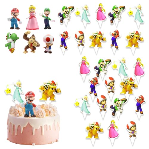 30 Stück Super Mario Tortendeko, Super Mario Figuren Cake Topper, Tortenfiguren Geburtstag Deko, Super Mario Kuchen Deko mit Torteneinlagekarte für Mädchen, Jungen, Kinder von DALAETUS